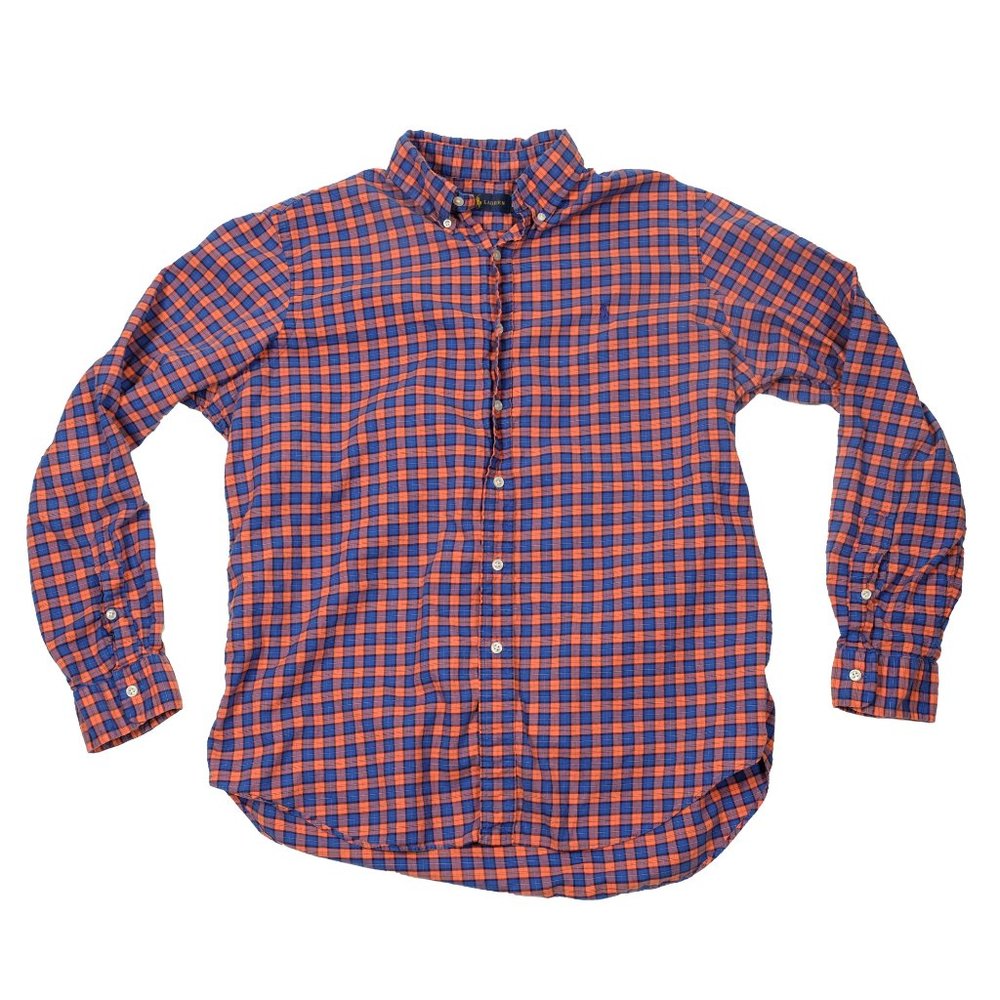 Ralph Lauren Polo Orange Navy Plaid Long Sleeve Button Up Shirt Large Men's